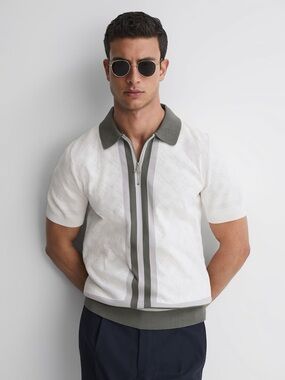 Reiss White Short-Sleeve Zip Polo with Gray Trim